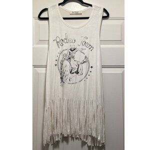 Three Bird Nest Rodeo Town Cowboy Horse Fringe Boho Tank Tunic Tee  Large White